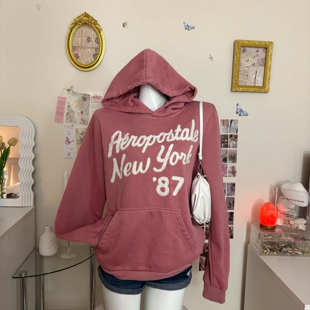 Vintage Y2K Aeropostale Dusty Pink Pullover Hoodie Sweatshirt Women Medium Cheni